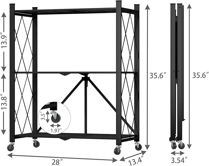 3 Tier Foldable Storage Shelf with Wheels Garage Shelving | Unit Loads 550 LBS, Metal Steel Collapsible Shelves, Rolling Standing Utility Rack for Kitchen, Pantry, Office, Black - Image 3