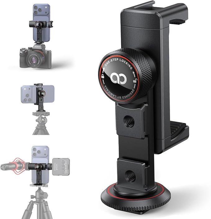 Lamicall Phone Tripod Mount Adapter with 3 Cold Shoes, Arca Port&1/4" Screw | Aluminum Alloy, Wider Clamp Camera Phone Holder 360° Phone Stand for Video Streaming Vlogging Rig for iPhone 17-5 Smartphone by Lamicall