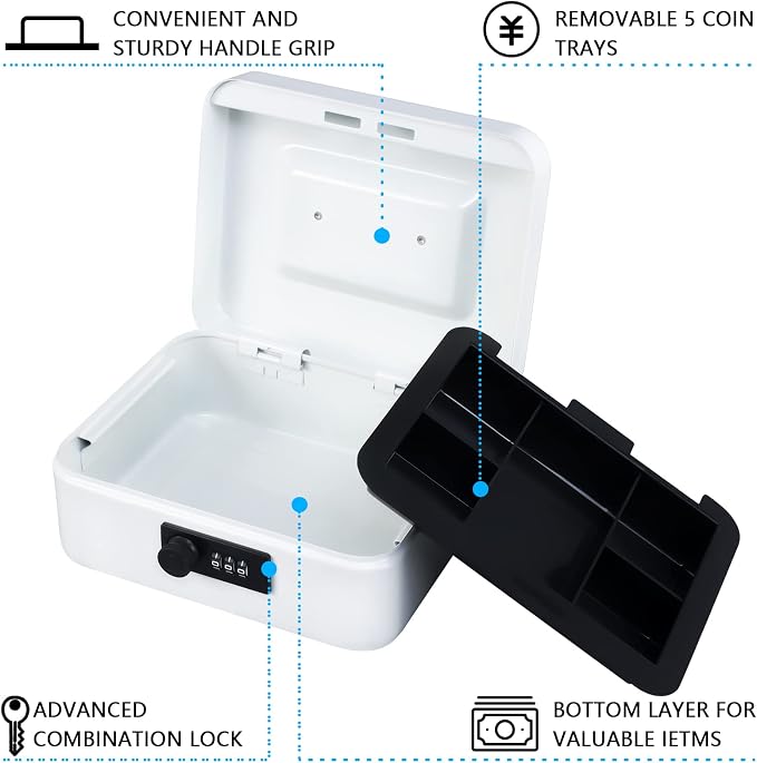 KYODOLED Cash Box with Combination Lock,Safe Metal Box for Money,Storage Lock Box with Money Tray,7.87"x 6.30"x 3.54" White Medium - Image 3