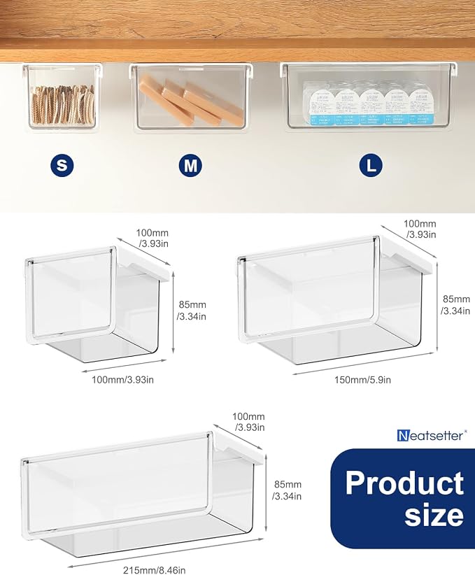 Hanging Cabinet Organizer – 33° Tilted Under Desk Drawer & Bathroom Storage – Self-Adhesive Clear Pull-Out Bins for Kitchen, Office & Vanity (Small) - Image 8