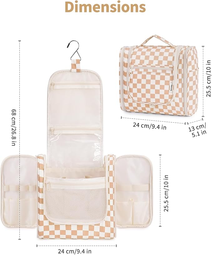 Narwey Checked Hanging Travel Toiletry Bag for Women, Travel Bag for Toiletries, Makeup Bag Organizer Cosmetic Bags Make Up Bags for Women (Light Checkerboard) - Image 5