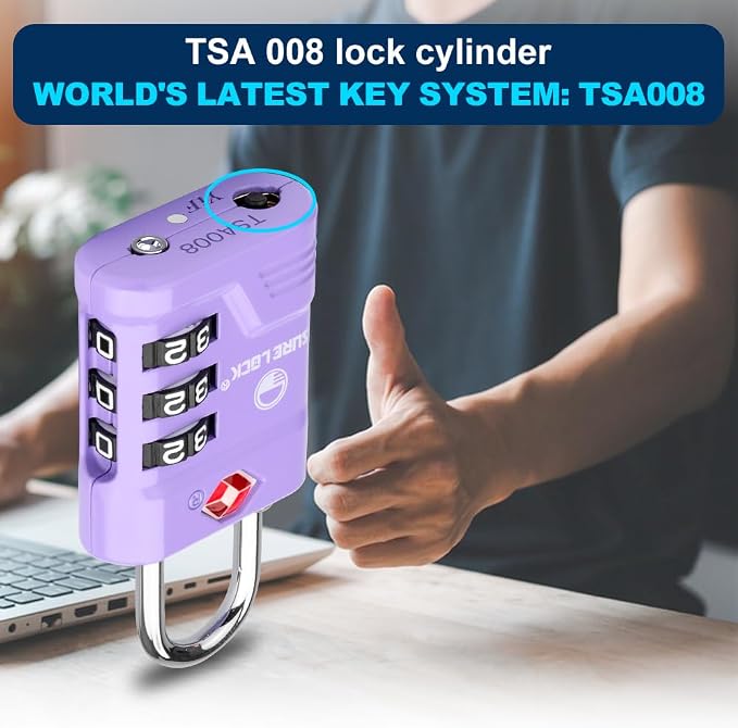 SURE LOCK TSA Approved Luggage Lock – 3-Digit Resettable Combination Padlock with Open Alert Red Dot, Large Easy-Read Dials for Suitcases, Backpacks, Gym & School Lockers (Purple 4 pk) - Image 2