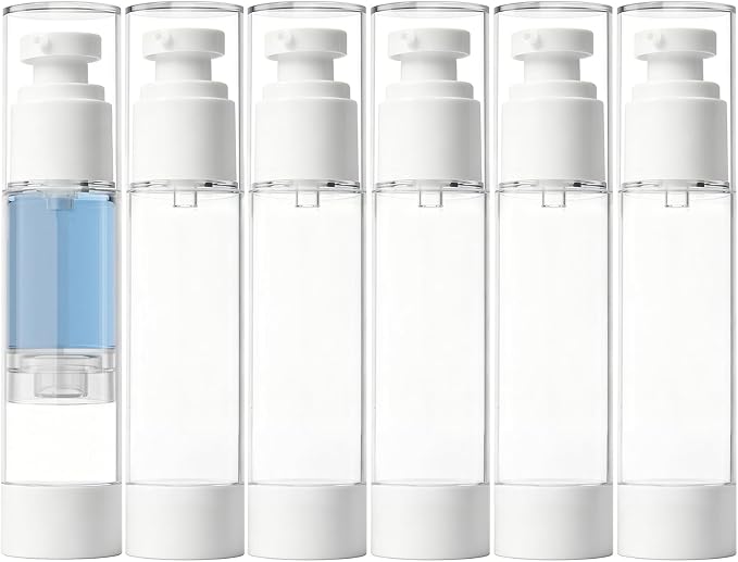 Clear Airless Pump Bottles, Vacuum Travel Cosmetic Containers | 1.7OZ/50ML 6Pack Lotion Dispenser Pump Bottles; For Cream, Foundation & Skincare Cosmetics; With Labels & Wooden Sticks by GIVITASOT