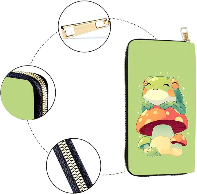 Women's RFID Blocking PU Leather Zip-Around Wallet, Large Capacity Clutch with Phone Holder, Travel Purse & Card Organizer with Removable Wristlet,Cartoon Mushroom Frog - Image 4