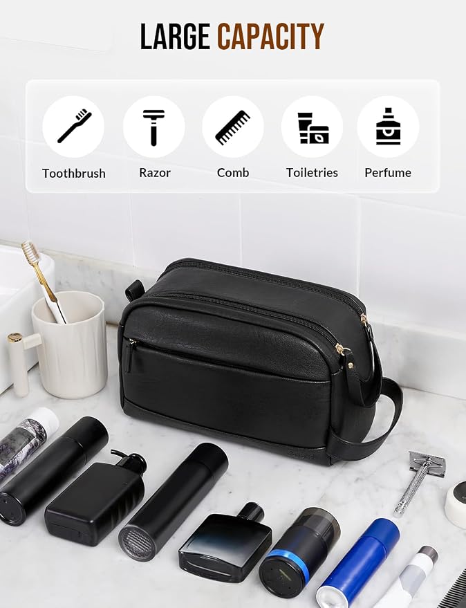 PU Leather Toiletry Bag for Men - Water Resistant Travel Bag for Toiletries, Bathroom Essentials, Accessories - Black - Image 4