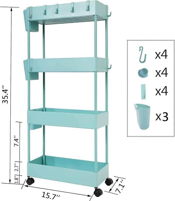 4 Tier Slim Rolling Utility Kitchen Cart Bathroom Organizer for Narrow Places Multipurpose Storage Shelve Mobile Trolley for Bedroom Laundry Office Restaurant Garage Pantry (Teal) - Image 2