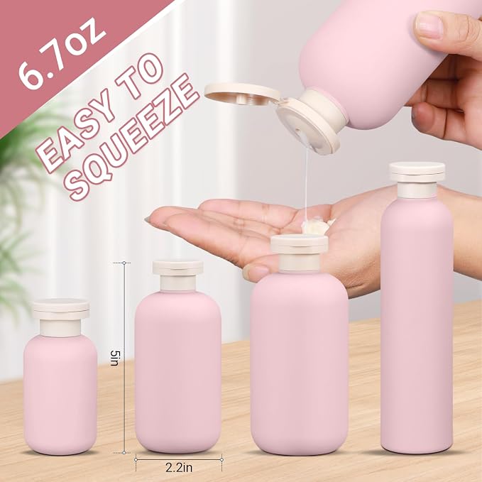 ASEVAT 6.7oz 4Pcs Plastic Refillable Travel Shampoo & Conditioner Bottles With Flip Cap - Image 2