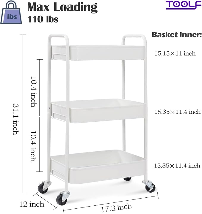 TOOLF 3 Tier Metal Rolling Cart, Utility Storage Cart with Wheels, White | Screwless Assembly, Lockable Metal Wheels, Trolley Organizer for Bathroom, Kitchen, Office, Dorm, Laundry, Craft Room - Image 2