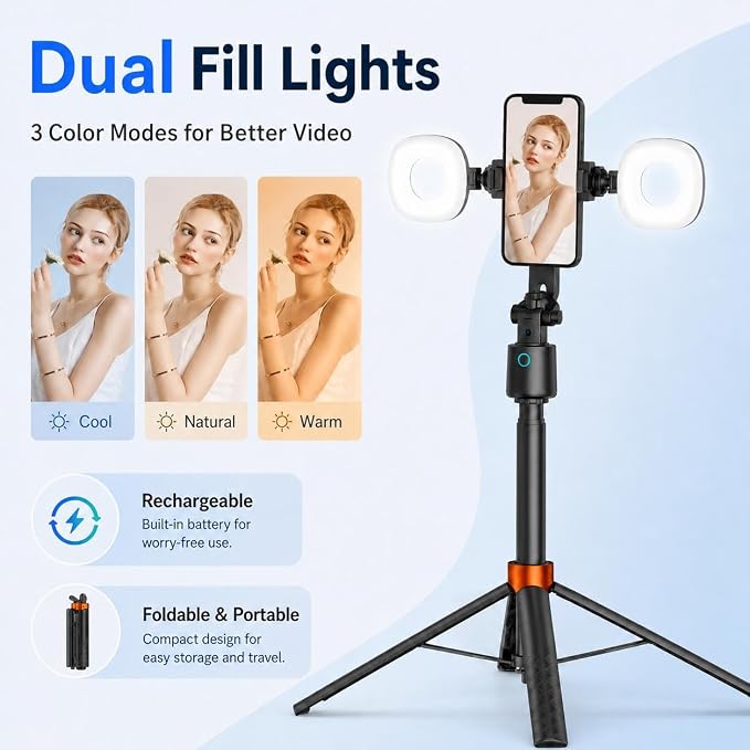70" Auto Face Tracking Tripod with Light, 360° Smart Phone Stand with Remote, Selfie Stick for iPhone Android, No App Needed, Video Recording Vlogging Live Streaming - Image 3