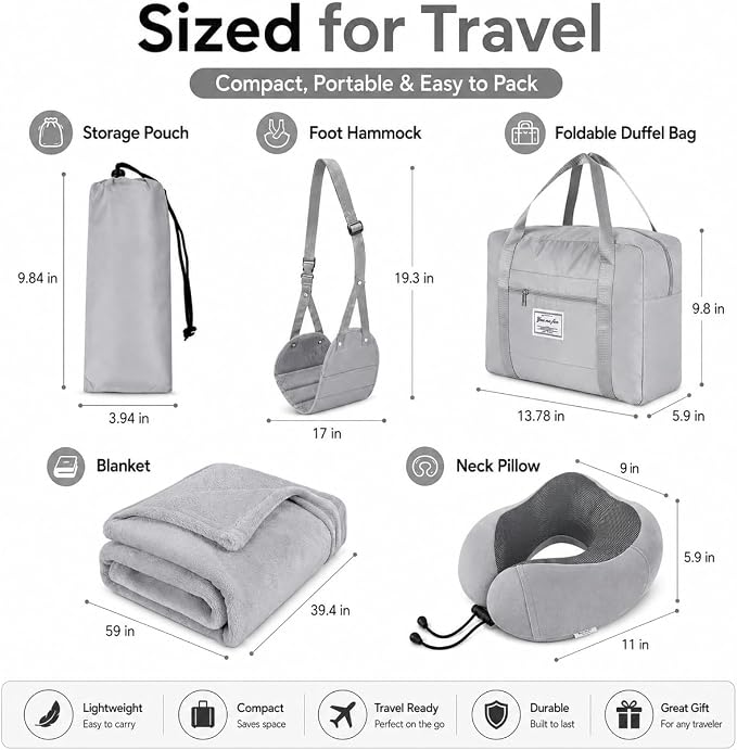 Travel Pillow and Blanket Set - Foot Hammock Rest Airplane Essentials, Grey | Memory Foam Neck Pillow Plane Foot Rest Airplane Accessories Essentials, Foldable Duffel Bag Eye Mask Earplugs for Comfort - Image 2