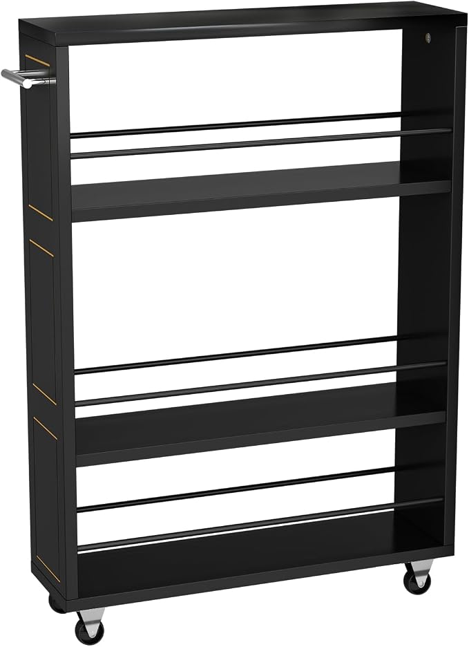 KLM 4 Tier Black Slim Storage Cart with Handle, Slide Out Storage Rolling Utility Cart for Kitchen, Laundry, Narrow Places-6.7" W - Image 9