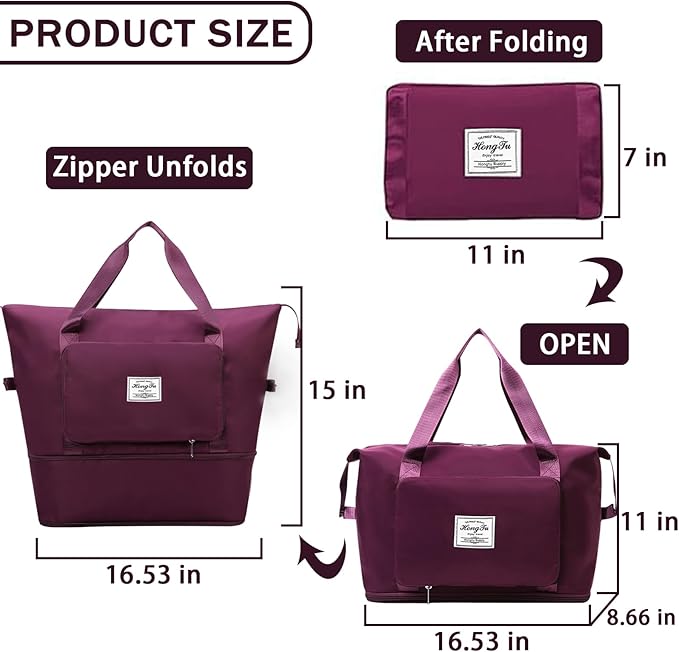 INVODA Travel Bag for Women Expandable Weekender Overnight Bag Carry on Sports Tote Gym Bag Waterproof Foldable Duffel Bag (Fuchsia) - Image 2
