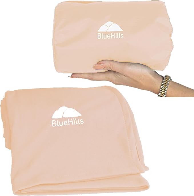BlueHills Ultra Compact Travel Blanket Premium Plane Pillow Airplane Beige | Soft Airplane Throw, Compact in a Bag 70 X 48 inches Long, Portable & Lightweight, Traveling Essential Gift, Luggage Strap by BlueHills
