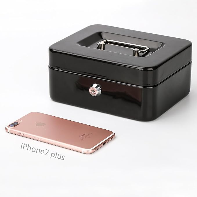 Decaller Cash Box with Money Tray, Medium Metal Locking Money Box with Key Lock for Security, 7.87" x 6.30" x 3.54", Black - Image 9