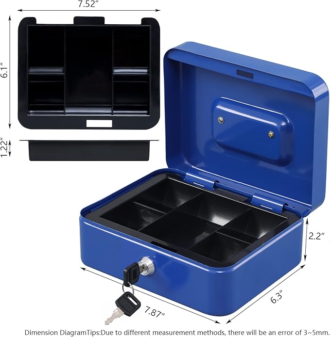 KYODOLED Cash Box with Money Tray,Storage Safe Lock Box with Key,Cash Drawer,7.87"x 6.30"x 3.54" Blue Medium - Image 4