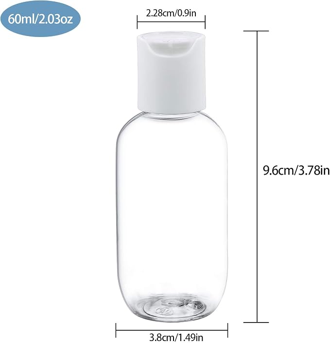 TRENDBOX 60ml / 2oz Empty Plastic Refillable Essentials Bottles with Disc Top Flip Cap - 6 Pack - Image 2