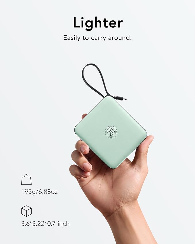 VRURC Portable Charger with Built-in Cable, 10000mAh 22.5W Fast Charging USB C Battery Pack, Cell Phone Power Bank for iPhone 17 16 15 Series Android Tablet (Green) - Image 2