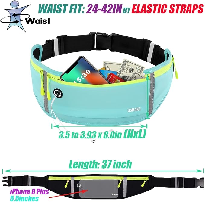 USHAKE Slim Running Belt, Workout Fanny Pack for Men Women,Exercise Waist Pack for Apple iPhone Holder, Runner Belt for Running Walking Cycling Camping Gym Mint blue - Image 5