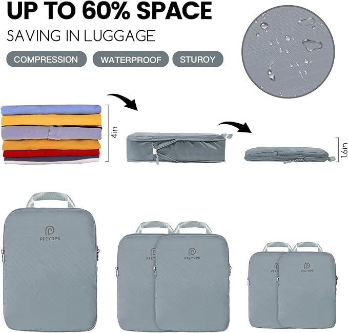 PFEYRPK Lightweight Compression Packing Cubes for Suitcases, Compressible Expandable Travel Packing Organizer with Clear Toiletries and Backpack Bag, Travel Essentials for Carry on Luggage 7 Set - Image 2