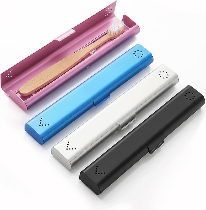 4 Pack Toothbrush Travel Case Aluminum, Portable Toothbrush Holders Travel, Manual Toothbrush Case Container for Traveling, Bathroom, Camping, Business Trip(Black, Silver, Pink, Blue) by Unknown