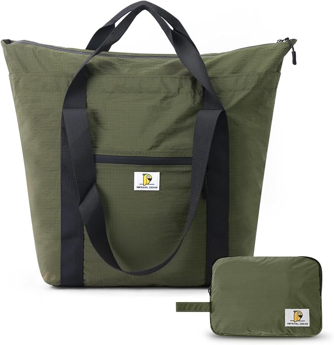 Foldable Travel Bag, 26L Duffle Bag for Travel, Expandable Second Carry-On Bag for Travel & Shopping, Water-Resistant Personal Item Bag, Olive Green by BBCREATFASHION