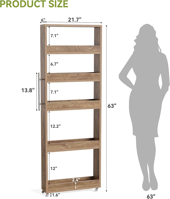 LITTLE TREE 63-Inch Slim Storage Cart on Wheels, 5-Tier Tall Narrow Mobile Shelf Organizer, Rolling Utility Cart with Metal Handle for Kitchen, Dining Room, Small Spaces, Brown - Image 2