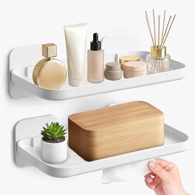FAYYGYH 2 Pack Adhesive Floating Shelves, No Drill Small Floating Shelf | Wall Storage Damage-Free Wall Mounted Organizer for Bathroom, Kitchen, Bedroom & Office (White) by FAYYGYH