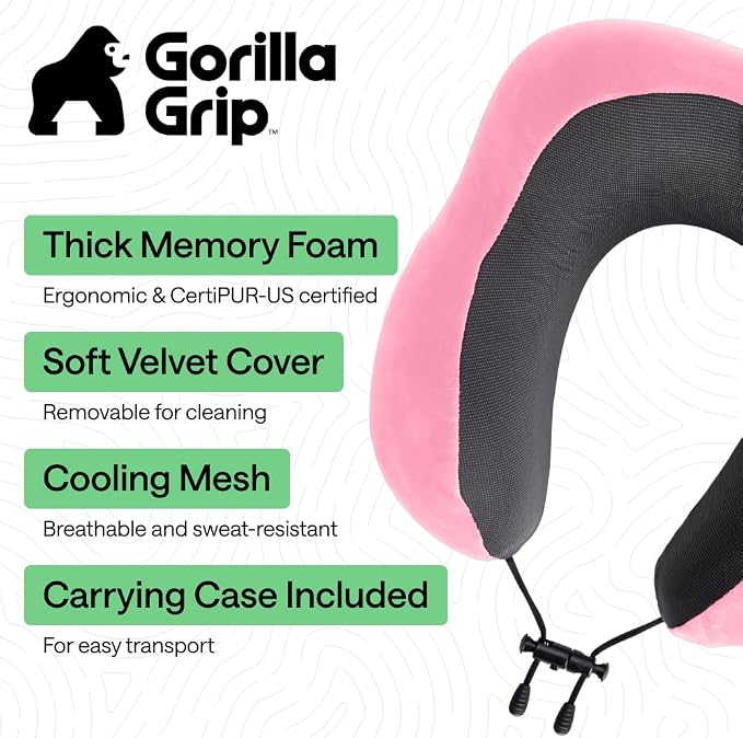 GORILLA GRIP Adjustable Travel Neck Pillow for Airplanes, CertiPUR-US® Memory Foam, Soft Velvet and Cooling Mesh Pillows, Support Headrest for Sleeping, Traveling Essentials, Flight Accessories, Pink - Image 2
