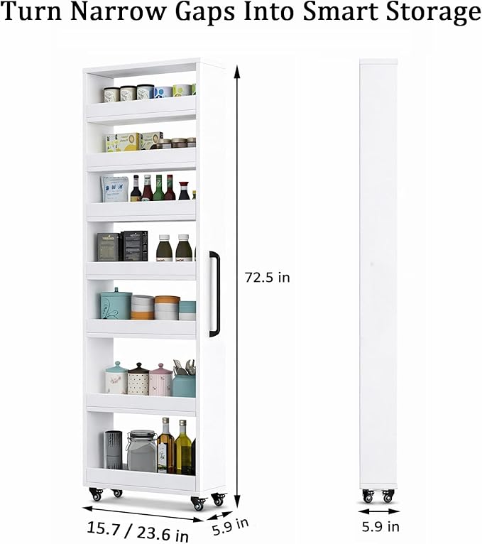 Beside Fridge Storage Slim Tall Cabinet - 7-Tier Tall Narrow Kitchen Pantry Pull Out Storage Cabinet Next To Fridge, Rolling Cart For Kitchen, Dorm, Bathroom, Laundry & Office (White, 15.7 in) - Image 6