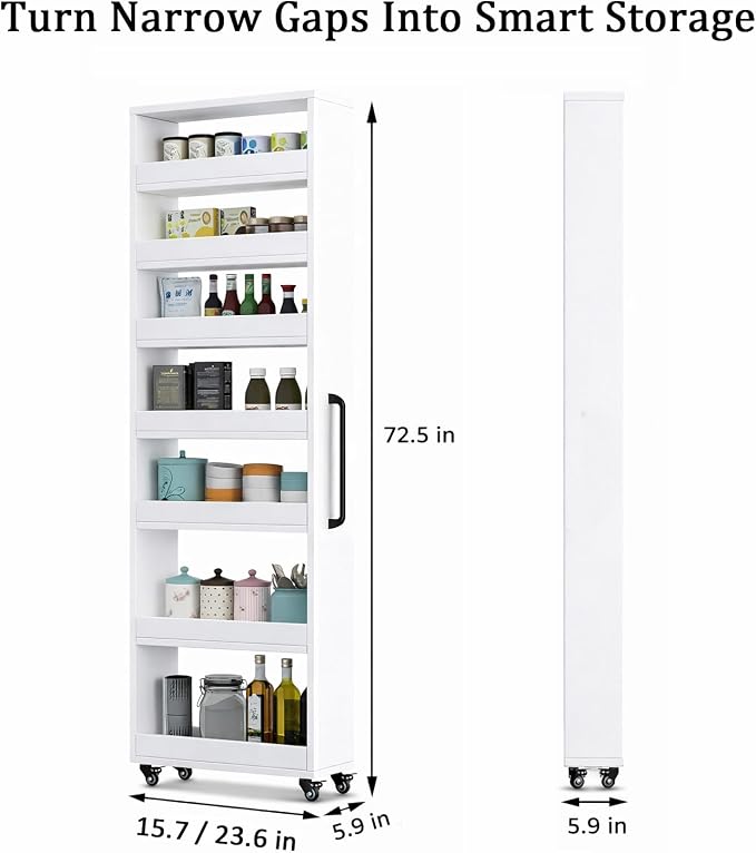 Beside Fridge Storage Slim Tall Cabinet - 7-Tier Tall Narrow Kitchen Pantry Pull Out Storage Cabinet Next To Fridge, Rolling Cart For Kitchen, Dorm, Bathroom, Laundry & Office (White, 23.6 in) - Image 4