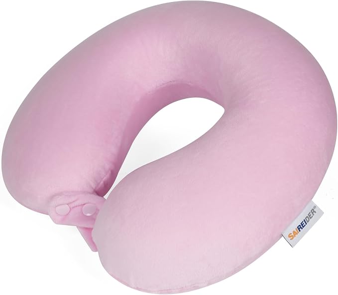 SAIREIDER Travel Neck Pillow 100% Pure Memory Foam Airplane Pillow for Head Support,Soft Adjustable Pillow for Plane, Car & Home Recliner (Pink) by SAIREIDER
