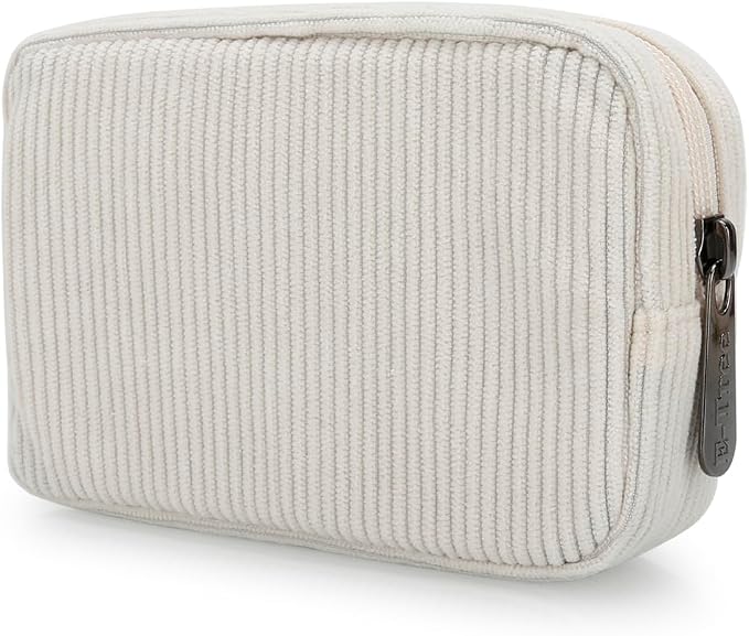 E-Tree Cute Small Makeup Bag,Cosmetic Toiletry Make up Little Items Pouch for Purse,Zipper Mini Tech Charger Cable Electronic Organizer Case,Travel Accessories for Women Men Teen,White Corduroy by E-Tree