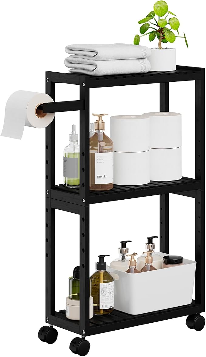 RRX Bamboo Rolling Cart,Slim 3-Tier Standing Shelf Units on Wheels (Black) | Bamboo Shelves Utility, Storage Corner Shelf Cabinet for Narrow Space, Toilet Paper Organizer for Bathroom, Kitchen by RRXHome