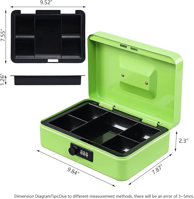KYODOLED Large Cash Box with Combination Lock,Safe Metal Box for Money, Storage Lock Box with Money Tray,9.84"x 7"x 3.54" Limegreen Large - Image 5