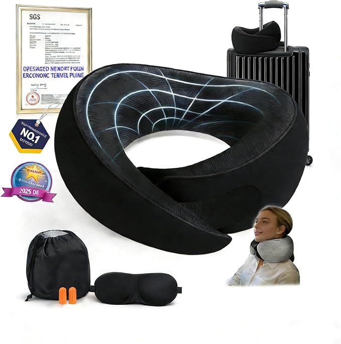 Memory Foam Travel Neck Pillow – Ergonomic Airplane Pillow with 360° Head Support | Includes Eye Mask & Ear Plugs | Ultra Portable Neck Pillow Airplane for Flights & Cars(Black) by Unknown