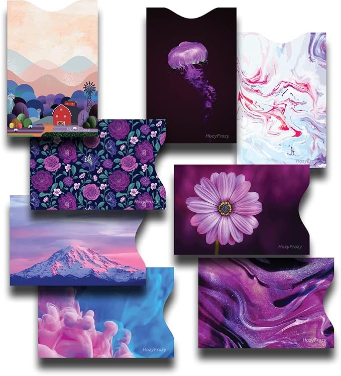 8 RFID Blocking Sleeves, Unique Designs and Arts in Purple, Anti-Theft Credit Card Holder, Credit Card Protector, Easy to Recognize, Sturdy and Perfect size for cards by HozyFrozy
