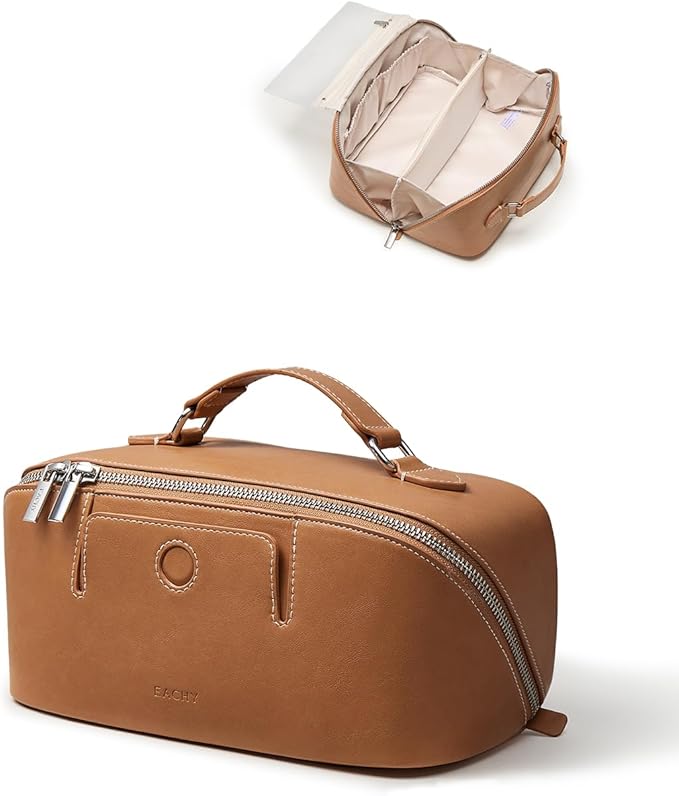 EACHY Travel Makeup Bag for Women, Provence Cosmetic Bag, Brown, Medium | Provence-style organizer with TPU brush holder, extra pockets and wipe-clean exterior for makeup and travel essentials by EACHY