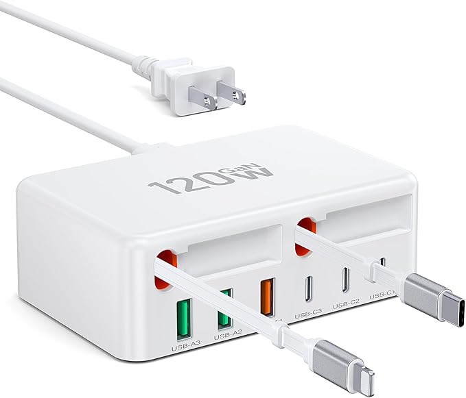 2026 Latest USB C Charger Block, 8 in 1 GaN Retractable Charger Station Hub with Lightening & Type C Cable, 120W Travel Essential Multi USB C Power Strip Plug for iPhone 17 16 15 Pro Max iPad Galaxy by BOVICAS