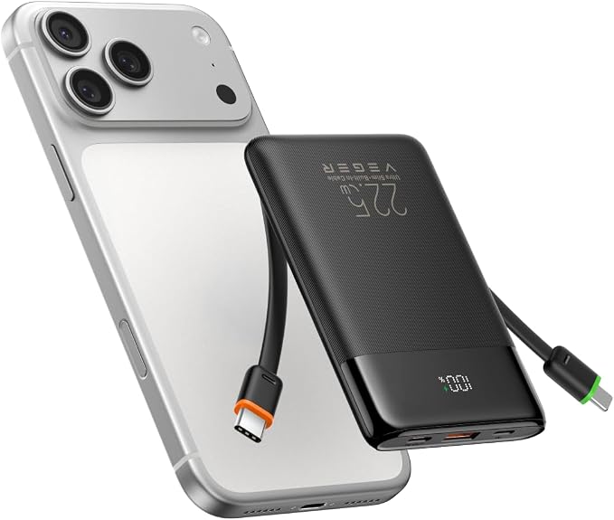 VEGER 10000mAh 22.5W Fast Charging Portable Charger with Built-in Cables | 0.4lb Slim USB C Power Bank, Small Battery Pack for iPhone 17/16/15/14/13 iPad Samsung, Flight Safe, Travel Essential, Black by VEGER