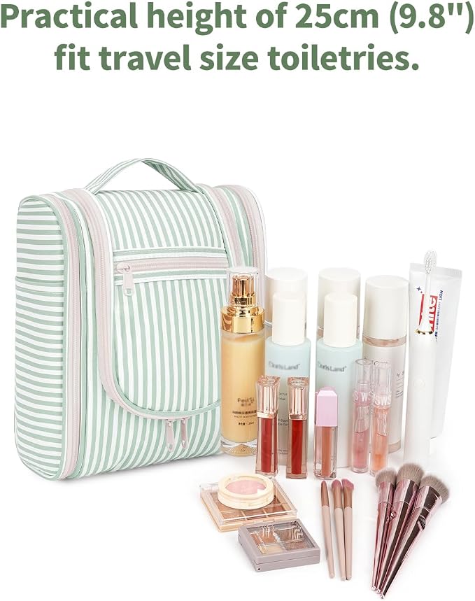 Narwey Small Striped Hanging Travel Toiletry Bag for Women, Travel Bag for Toiletries, Makeup Bag Organizer Cosmetic Bags Make Up Bags for Women (Mint Green Stripe) - Image 4