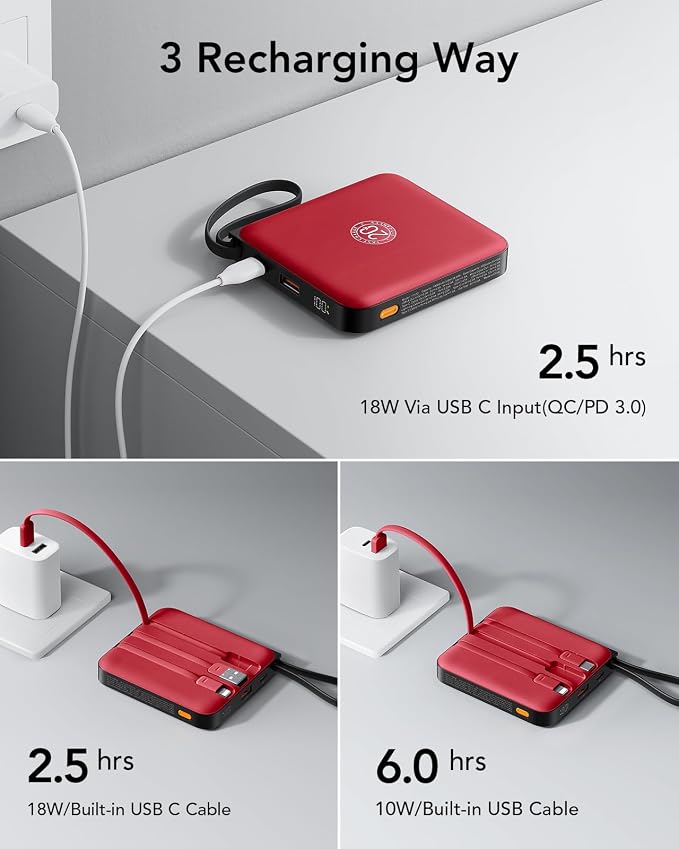 VRURC 10000mAh Portable Charger Power Bank Built-in Cables | Travel Essentials,22.5W Fast Charging,LED Display,Slim,for iPhone 17/16/15 Series & Samsung Series,Battery Pack-Red - Image 7