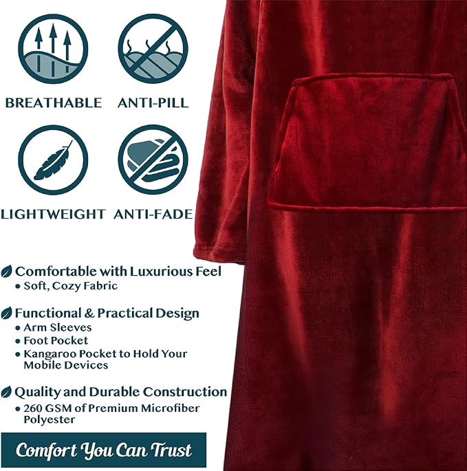 PAVILIA Fleece Blanket with Sleeves, Foot Pockets for Women Men Adults, Plush Wearable Blanket Throw Wrap, Warm Snuggle Blanket Robe, Cozy Gift Ideas Wife Mom, Burgundy Red - Image 4