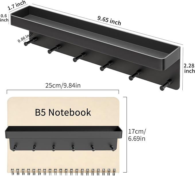 MKO Key Holder Wall Mount, Key Holder Wall Mount Adhesive with Mail Organizer Tray with 6 Key Hooks for Wall, Black | Metal Material, Key Rack with Shelf, Mail Organizer Tray for Entryway, Hallway, Living Room - Image 4