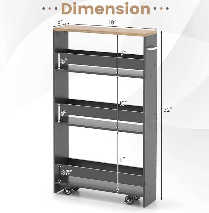 COSTWAY Slim Rolling Storage Cart, 4-Tier Rolling Utility Cart, Wood Kitchen Storage Cart with Handle & Wheels, Narrow Rolling Shelving Unit for Kitchen Bathroom Laundry Small Places (Grey) - Image 7