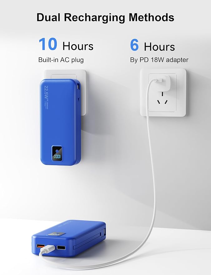 Portable Charger 20000mAh 22.5W w/Built-in Cable & Wall Plug Navy | High capacity, Fast charging, Built-in cables & wall plug, LED display, Charge 5 devices at once, Pass through, TSA approved - Image 8