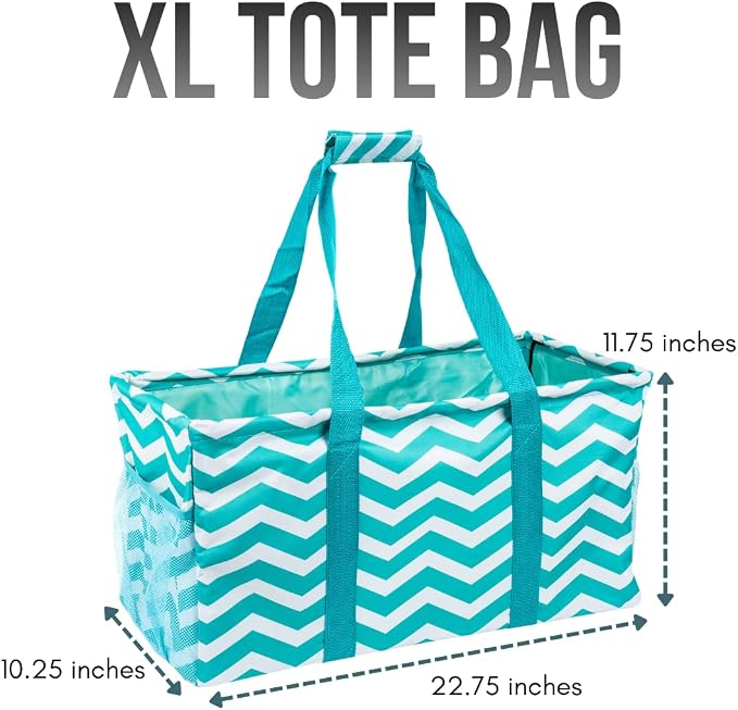 Extra Large Utility Tote Bag - Oversized Collapsible Reusable Wire Frame Rectangular Canvas Basket With Two Exterior Pockets For Beach, Pool, Laundry, Car Trunk, Storage - Chevron Teal - Image 4