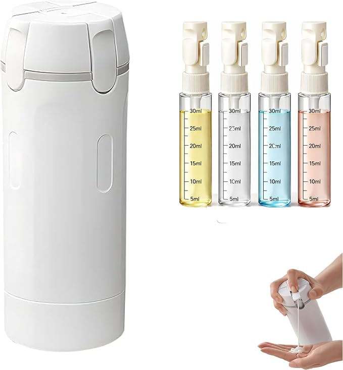 4 in 1 Travel Dispenser Bottle, 30ML Leak Proof Travel Size Toiletries Containers with Labels & Scale, Portable Refillable Travel Bottles for Shampoo Lotion Conditioner Cream, Carry Friendly(1White) by Unknown