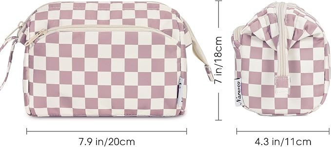 Narwey Checkered Makeup Bag Women Wide-open Make up Bag Travel Cosmetic Bag Organizer Toiletry Bag for Cosmetics Toiletries Accessories (Dusty Rose Checkerboard) - Image 6