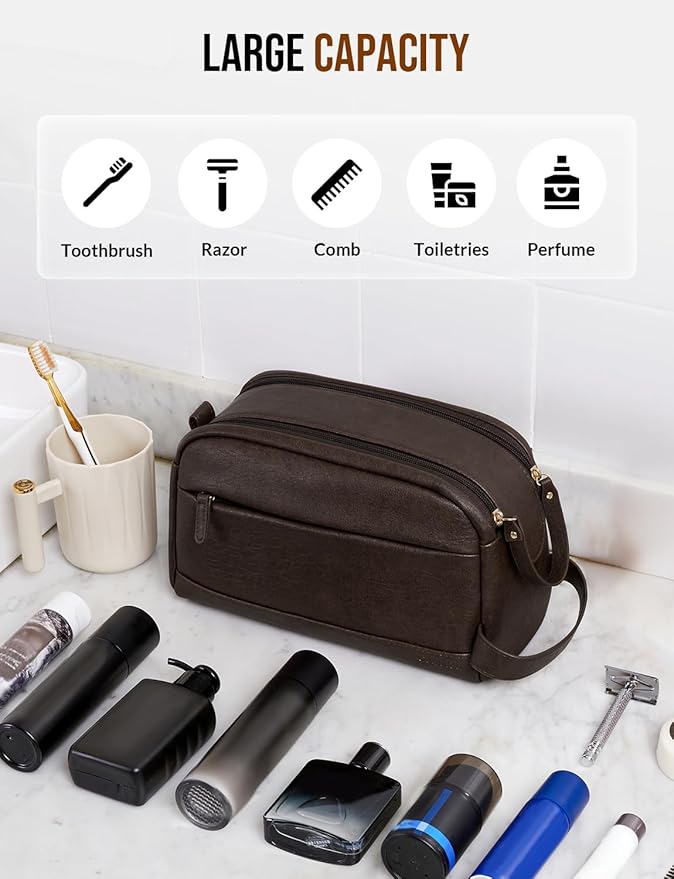 PU Leather Toiletry Bag for Men - Water Resistant Travel Bag for Toiletries, Bathroom Essentials, Accessories - Dark Brown - Image 4