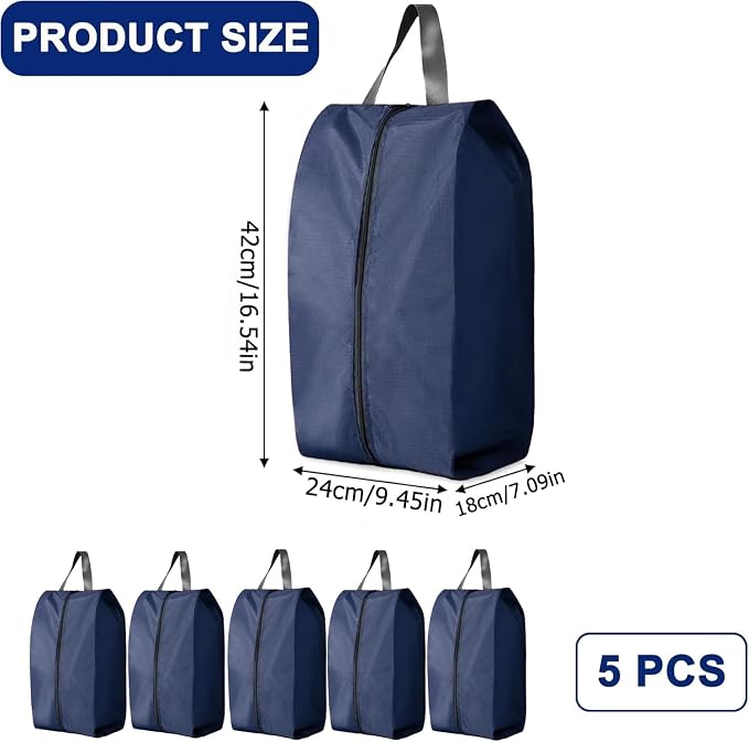 5Pcs XL Travel Shoe Bags Portable Travel Gifts Shoe Organizer with Zipper Closure, Waterproof Nylon Shoe Storage Organizer with Handle Travel Bags For Men and Women, Navy - Image 3
